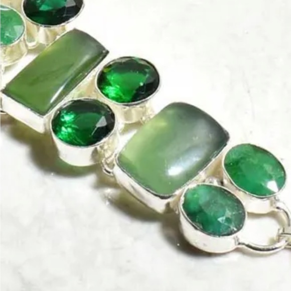 Nephrite Jade + Green Quartz gemstone statement vintage bracelet - Picture 11 of 13